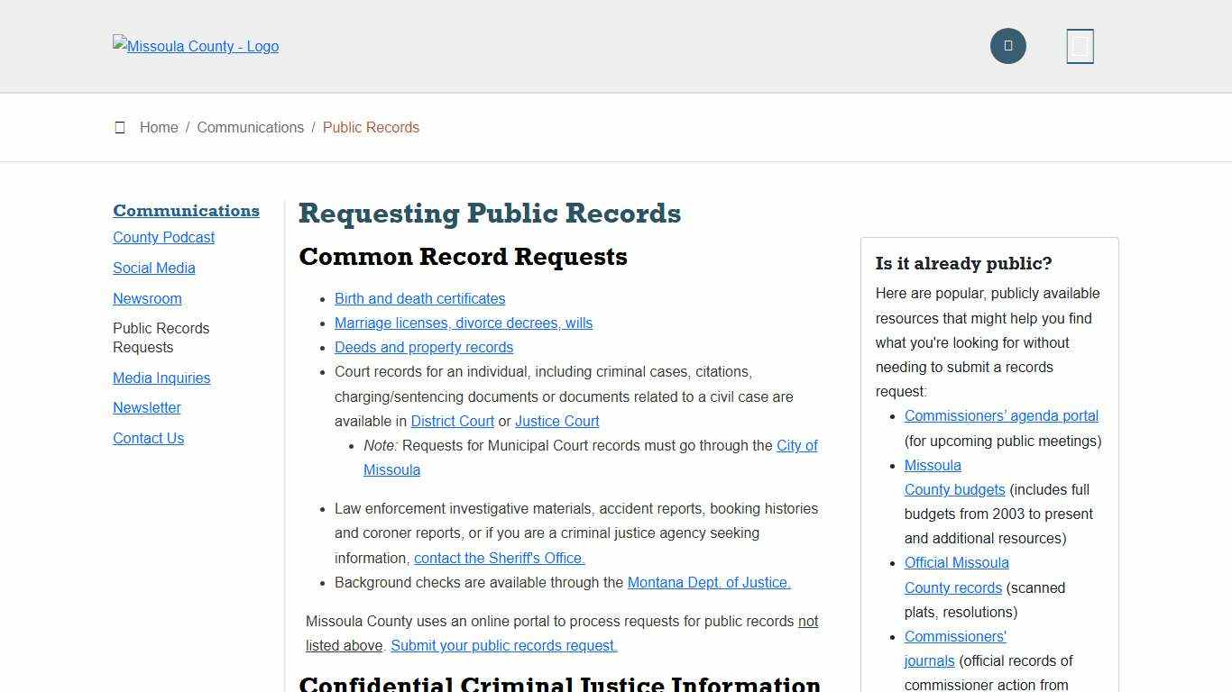 Public Records Missoula County, MT